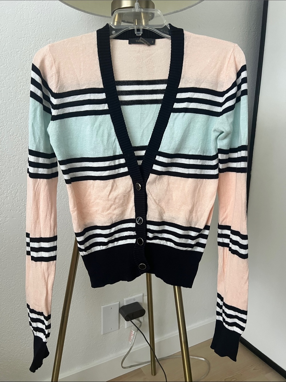 THML Pink & Mint Striped V-Neck Cardigan with Black Trim